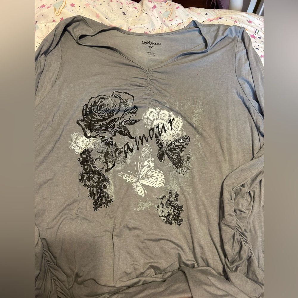 NWT Soft Focus Gray Graphic Blouse with Black Floral Design